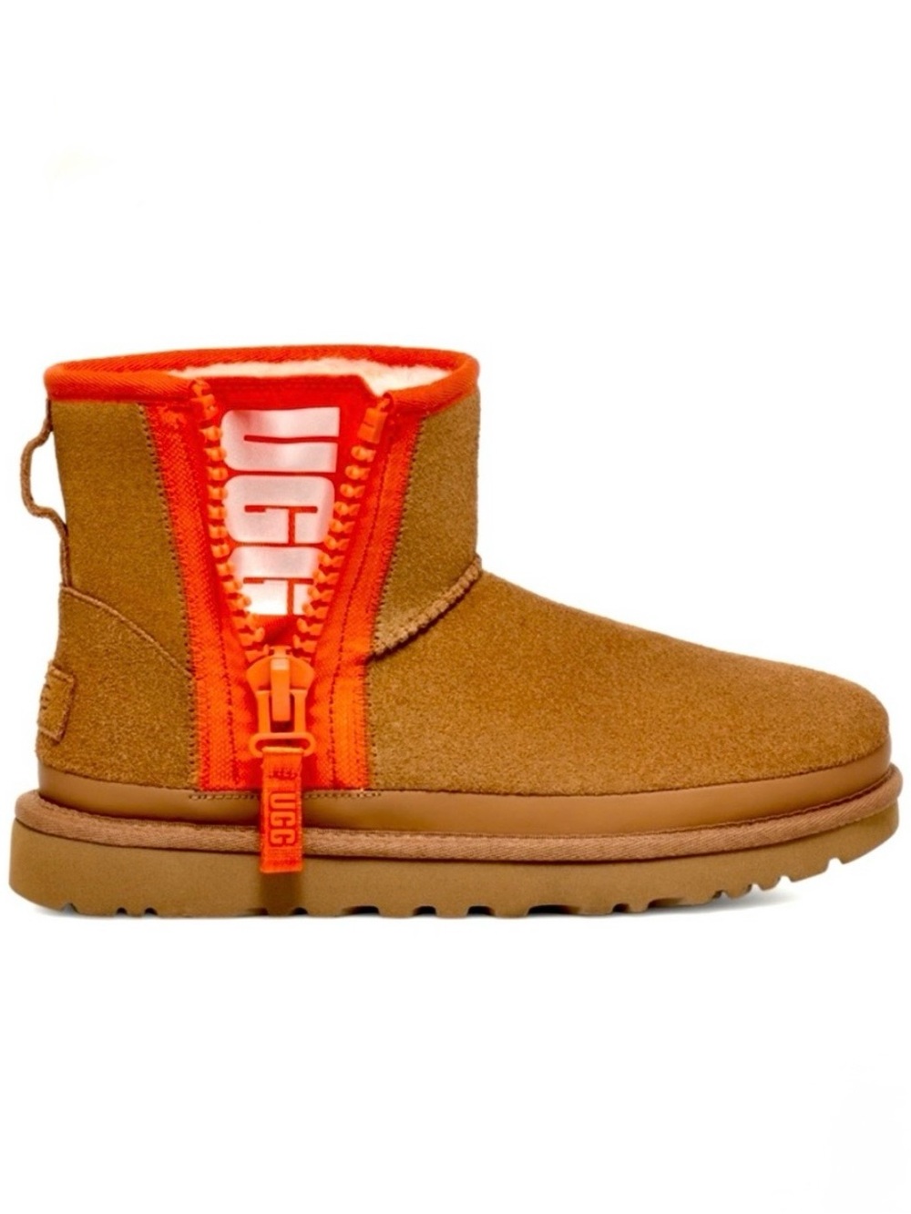 UGG Women’s Boots Mini Zipper Tape Logo Bootie Size 6 Classic Fashion Chestnut